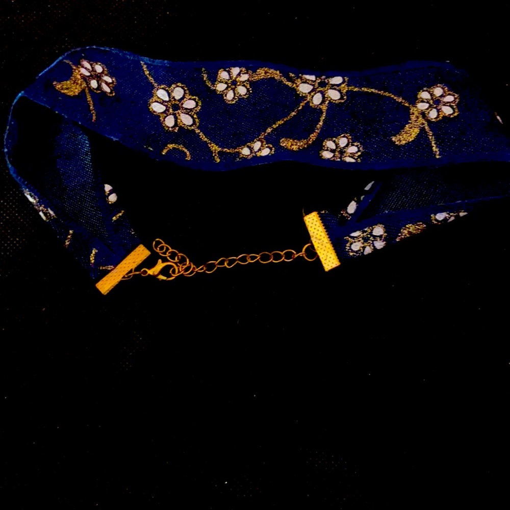 Blue sunflower choker dark denim choker with golden & white flowers